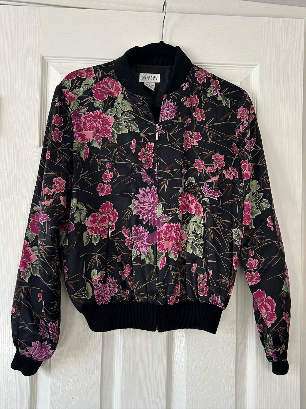 Allison Taylor 100% Silk Black Floral Bomber Jacket with Pink Blossoms